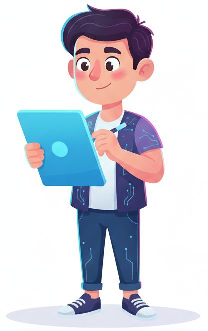Friendly character using a tablet